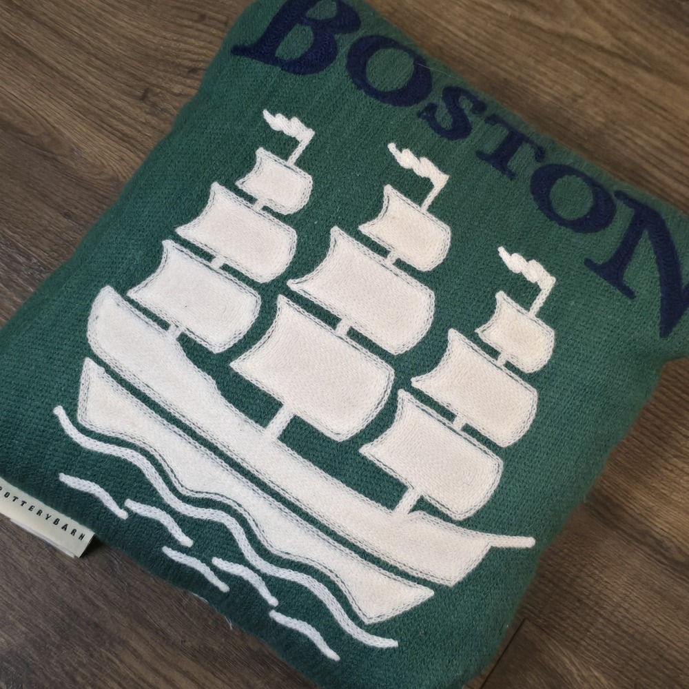 Pottery Barn Boston Tall Ship Pillow‎ 12x12 Green Navy Embroidered Cotton